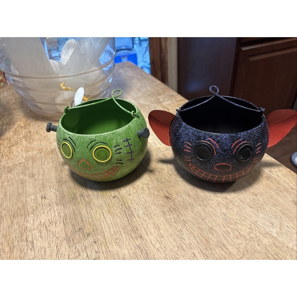 Bethany Lowe Halloween Metal Treat Bucket Lot Frankenstein Cat Vintage Style